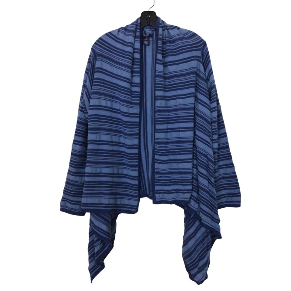 Chaps Cardigan Women’s L Large Blue Striped Open Front Knit Sweater Jacket Top